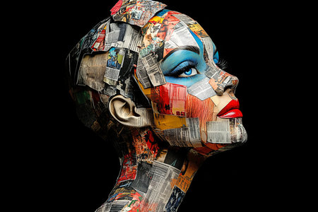 Vibrant female mannequin with colorful face and magazine collage art on isolated black background