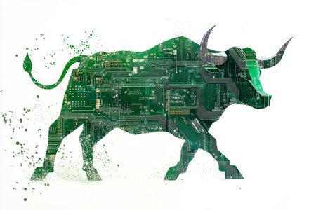 Futuristic green circuit board bull concept art with geometric shapes and motion blur effectsの写真素材