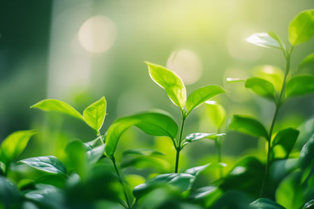 Vibrant green plants in a greenhouse on a modern farm captured with morning light and bokeh effectの写真素材