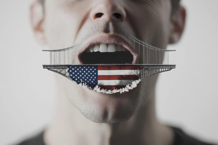 A man s mouth speaking with an American flag and an undergrounded bridge in a photorealistic shot