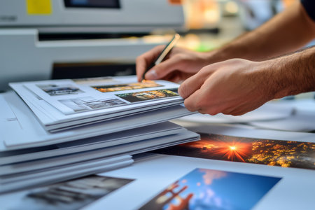 Close up of hands arranging printed images for magazine layout in a print shop environmentの写真素材