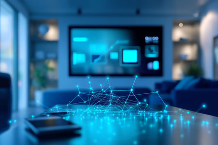 3d illustration of network connections with devices on an office table in a blurred living room