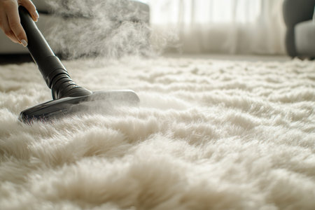 Woman using electric steam vacuum cleaner on fluffy beige carpet in cozy living room setting