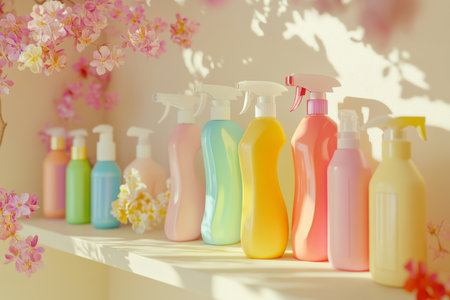 Vibrant cleaning supplies in pastel hues on a shelf against a soft beige backgroundの写真素材