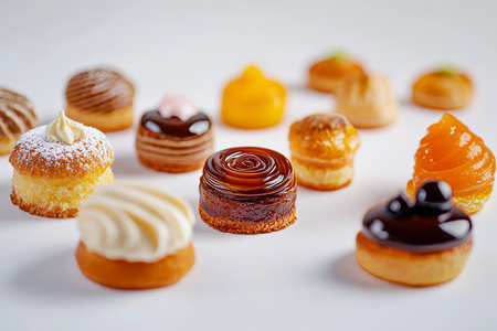 Close up photography of an assortment of pastries on a white background for culinary delightの写真素材