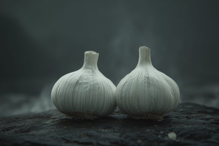 Close up photograph of two garlic cloves on a dark background, front view with rich detailの写真素材