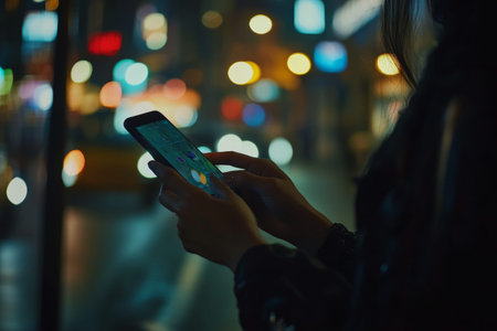 Close up of a woman s hands using a smartphone for online shopping amidst city street night lights