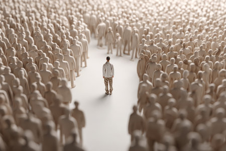 A person in the center of a vast crowd, cartoon style with detailed features and soft lightingの写真素材