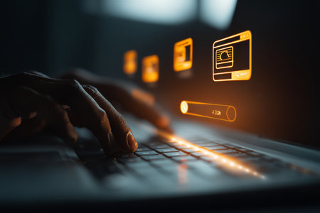 Exploring seo and digital marketing a close up of hands typing on a laptop with holographic iconsの写真素材