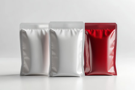3d mockup of three blank white and red coffee bags with zipper for packaging and branding conceptsの写真素材