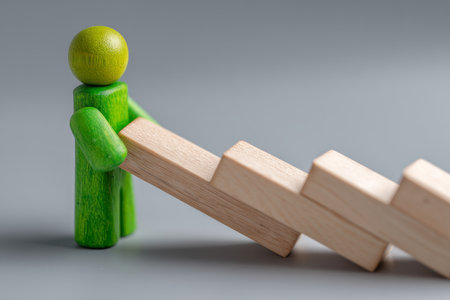 Green toy figure supporting a wooden domino from toppling over against a gray backgroundの写真素材