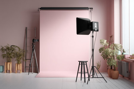 Modern minimalist photography studio featuring softbox lighting and light pink canvas wall decorの写真素材