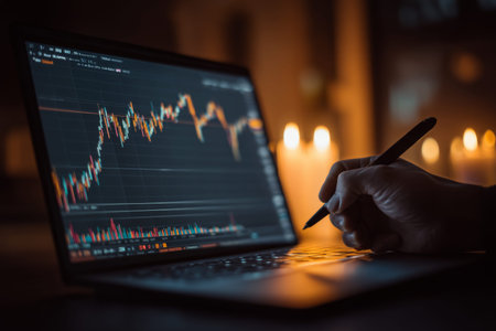 Close up of hands writing on laptop screen with rising stock market chart in a warm office setting