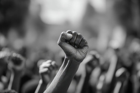 Symbol of resistance close up of raised fists at a civil rights march or workers strike