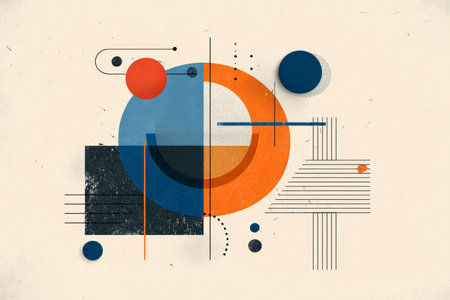 Abstract retro geometric vector shapes in blue, orange, and white for modern minimalist designの写真素材