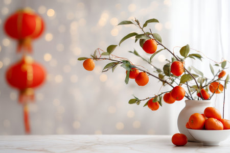Minimalist chinese new year background with orange tree branch, lanterns, and bowl of orangesの写真素材