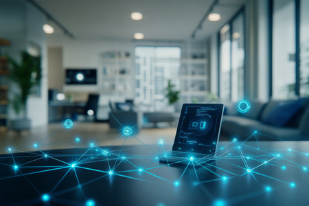 3d illustration of a network connection with devices on an office table and blurred backgroundの写真素材