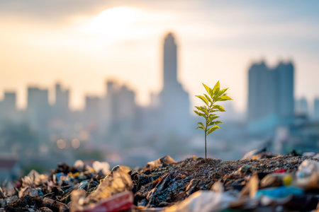 Symbolizing environmental protection a green sprout thrives amidst urban waste and skyscrapersの写真素材