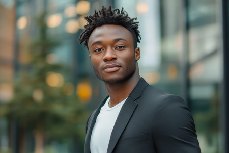 Young man in suit and white t shirt posing outside a modern office building in urban settingのeditorial素材