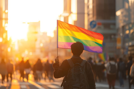 A stunning view of a person holding a rainbow flag at Tokyo's pride parade during sunset