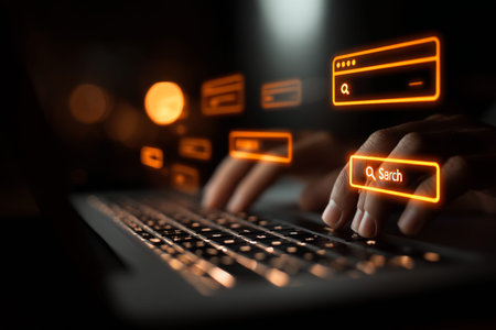 SEO and digital marketing concept hands typing on laptop with holographic web icons