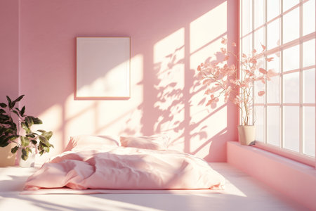 Bright and minimalist 3d rendering of a pink bedroom with sunlight, plants, and unmade duvetの写真素材