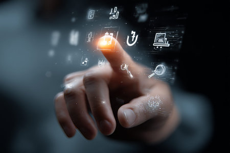 Futuristic hand interacting with virtual screen showcasing icons of training and business concepts