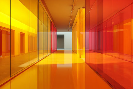 Vibrant abstract interior design showcasing colorful glass walls for modern business spacesの写真素材
