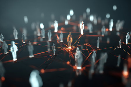 3d visualization of global social network with user icons on dark background representing technologyの写真素材