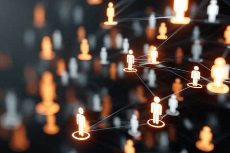 Futuristic social network concept featuring glowing icons and connections on dark background