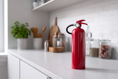 Close up of red fire extinguisher on kitchen counter in a modern white interior with copy spaceの写真素材