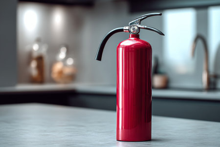 Close up of red fire extinguisher on kitchen counter ideal for product presentation mock upの写真素材