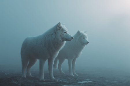 Ethereal white wolves in mist a surreal cinematic fantasy with atmospheric blue tones