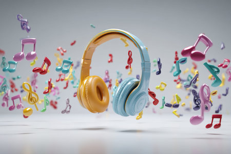 Vibrant 3d headphones surrounded by colorful music notes on a clean white background