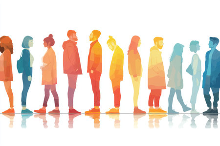 Vibrant vector illustration of diverse silhouettes of people standing in a row on white background