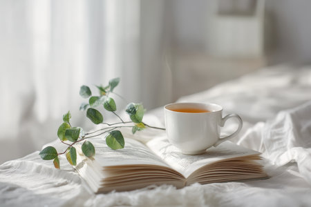 Tranquil morning scene tea and an open book on a bed with soft natural light and minimalist decorの写真素材
