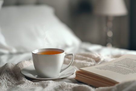 Close up of a white tea cup and book on bed, embracing a healthy morning or evening routineの写真素材