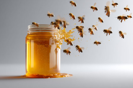 Photorealistic image of a honey jar surrounded by bees and honey splashes on a light gray background