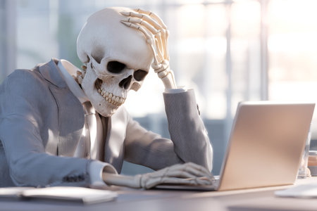 A somber skeleton in business attire working on a laptop at an office desk in daylightの写真素材