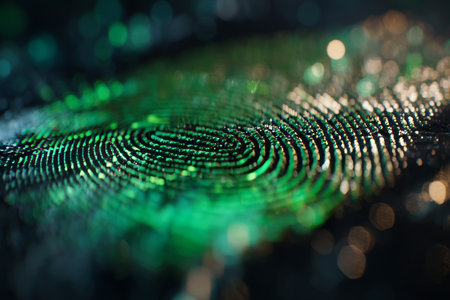 Close up of a biometric fingerprint scan on a green and black bokeh background with macro detailの写真素材