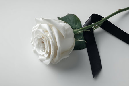 Elegant white rose with black ribbon on light background for funeral remembrance conceptの写真素材