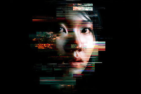 Abstract digital portrait of an Asian woman blending glitch art with traditional aesthetics