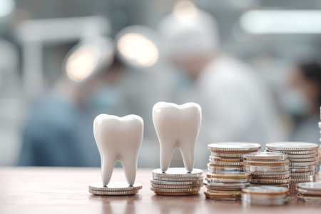 Close up of white teeth beside coins, highlighting dental care with dentist blurred in backgroundの写真素材