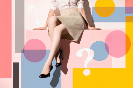 Minimalist collage of a woman in skirt and heels against abstract geometric background with pastels