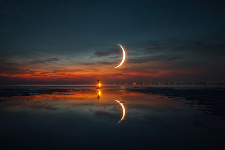 Crescent moon and glowing light on the beach at sunset, a serene inspiration scene.の写真素材