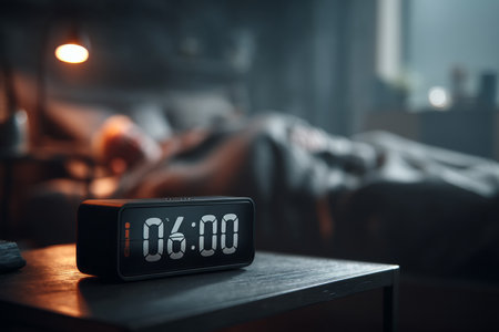 Digital alarm clock at 06 00 next to sleeping man in cinematic nighttime settingの写真素材