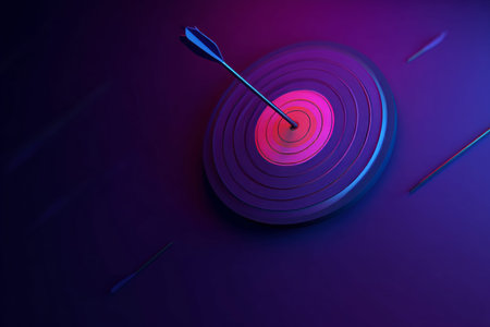 Neon archery target with arrow in center on purple background for business success and goals