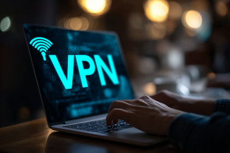 Close up of a laptop displaying vpn with a blue private network icon and bokeh effectの写真素材