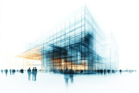 Detailed abstract blueprint of a modern building with people in a gradient double exposure styleの写真素材
