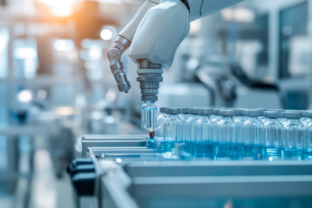 Futuristic robot arm mixing vials in a modern laboratory with soft focus industrial backgroundの写真素材